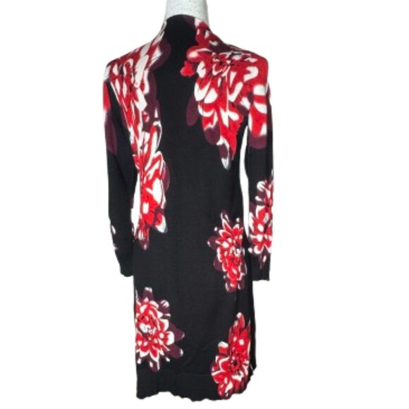 NY Collection Black Red White Long Open Front Drape Cardigan Size Medium - Picture 2 of 7